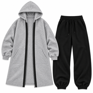 Casual Lounge Manufacturer Custom Women's Grey <b>Longline</b> <b>Hoodies</b> <b>Zip</b> Up Coat Tracksuit Oversized Cotton Fleece Pants Supplier - Product Image 3