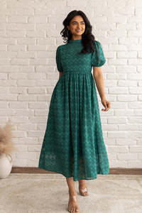 Robe longue jacquard vert émeraude à col montant et manches bouffantes, coupe trapèze plissée, décontractée pour le quotidien, magnifique robe pour femme - Product Image 3