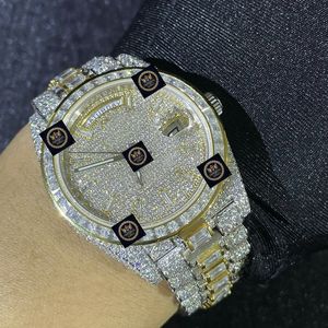 Montre automatique à quartz mécanique en acier inoxydable entièrement sertie de moissanite, or jaune, style hip-hop de luxe, bijoux impériaux, date, 42 mm - Product Image 2