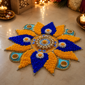 Decoración Rangoli Hecha a Mano para Diwali con Flores de Pompones, Espejos y Soporte para Diya, para Decoración Festiva del Hogar - Product Image 4
