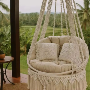 Beige Cotton Macrame <b>Swing</b>,Hanging Chair,Chair Hanging Outdoor,Macrame Rocking <b>Swing</b> Chair,Macrame <b>Hammock</b>,<b>Swing</b> Chair - Product Image 1