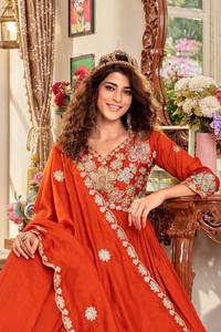 Robe Anarkali en Georgette Orange avec Dupatta, brodée de fils de sequins, longueur ras du sol, pour fêtes et mariages, pour femmes - Product Image 4