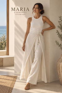 Tenues d'été décontractées chic et modernes pour femmes - Débardeur blanc côtelé en spandex respirant et pantalon ample à taille élastique avec superposition - Product Image 1