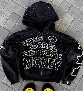 Sweat à capuche zippé oversize tendance streetwear pour hommes et femmes, avec impression graphique personnalisée, strass étoile, en coton épais - Product Image 1