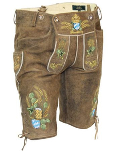 Shorts en cuir bavarois pour homme, taille haute, motif floral brodé, style vintage, fermeture boutonnée, longueur Bermuda - Product Image 1