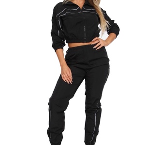 Women Black <b>Short</b> Crop Top Track <b>Suit</b> with White Stripe Zipper Closure Casual Autumn Wear Regular Fit Solid Color Sweat-Wicking - Product Image 2