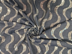 Hot Sale Premium <b>Navy</b> Blue Denim Fabric with Silver Sequin Wave Embroidery - 100% Cotton Base Sequin Work Material - Product Image 6