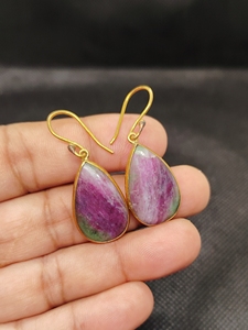 Boucles d'oreilles en pierre précieuse zoisite rubis naturel, en laiton massif plaqué or, longues boucles d'oreilles pendantes, cadeaux de mariage, meilleures ventes - Product Image 2
