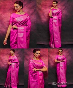 Sari de Seda Rosa, Estilo Banarasi, con Patrón en el Borde, Vestido Largo para Mujer, Traje Tradicional Indio para Bodas - Product Image 3