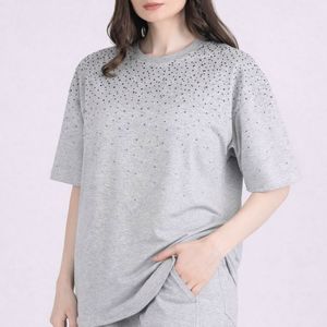 Women's Gray Dot <b>Sequined</b> Crew Neck <b>T</b>-<b>Shirt</b> Loose Fit Short Sleeve Casual Knitted All Seasons Wear - Product Image 1