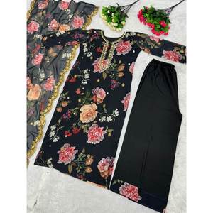 TRENDING GEORGETTE ESPEJO BORDADO IMPRESO DIGITAL TRABAJO TOP PALAZZO CON DUPATTA NEGRO - Product Image 3