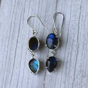 Blue Fire Labradorite <b>Earrings</b> 925 Sterling <b>Silver</b> Vintage <b>Dangle</b> Drop Boho Jewelry Pear Oval Cabochon Channel Setting Party - Product Image 3