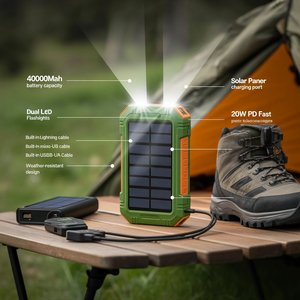 ขายส่ง เครื่องชาร์จพลังงานแสงอาทิตย์แบบพกพา 40000mAh รองรับการชาร์จเร็ว PD 20W พร้อมสายชาร์จในตัว 4 เส้น OEM SXN-PD40K-GRN พาวเวอร์แบงค์พลังงานแสงอาทิตย์ - Product Image 4