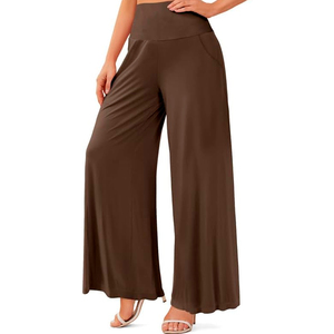 Pantalon large taille haute pour femme, couleur unie, longueur intégrale, décontracté, été, tissu respirant, taille élastique, poches - Product Image 5