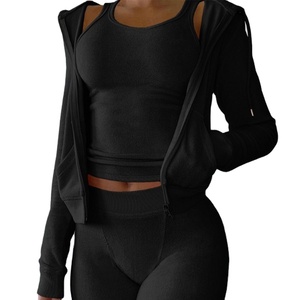 100% algodón logotipo personalizado mujer chándal conjunto de chándal estilo de moda Color sólido 3 uds mujeres Zip Hoodie Set 2026 - Product Image 5