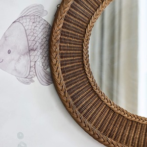 Miroir mural rond en rotin fait main, cadre tissé brun, décoration murale décorative pour la maison, hôtel, café, vente en gros, écologique - Product Image 5