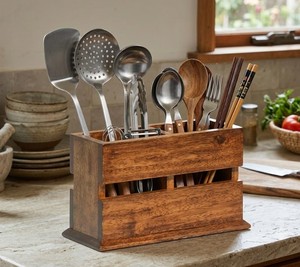 Acacia Wood Tabletop Cutlery <b>Caddy</b> with 2 Compartments Rustic Wooden Flatware Storage Organizer for Dining Table <b>Kitchen</b> Counter - Product Image 6