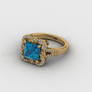 Magnifique bague de mariage pour femme en argent 925 rhodié, avec topaze bleue de Londres de 8 mm, quartz et halo de zircon cubique taille princesse, sertie à griffes, design de créateur - Product Image 2