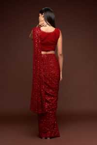 Luxury <b>Red</b> Sequin Saree Heavy Maroon Sequence Work Georgette Sari Designer Indian Wedding Wear Party Wear Sarees With <b>Blouse</b> - Product Image 2