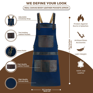 Premium Luxury <b>Canvas</b> Work Apron with Zipper Closure Adjustable Cross <b>Back</b> Chef BBQ Barber Carpenter Workshop Tool Gear LCA-0079 - Product Image 2