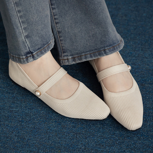 Chaussures plates en tricot extensible pour femmes Ann'S, ballerines confortables, chaussures plates Mary Jane, couleur beige - Product Image 1