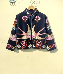 Premium Black <b>Velvet</b> Embroidered Suzani <b>Jacket</b> With Floral And Bird Pattern Full Sleeve Stand Collar Bohemian Winter Coat - Product Image 1