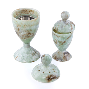 Green Jade Veined Resin Incense Burner Set Featuring A <b>Tall</b> Hourglass Stand, Removable Metal Cup And Lidded <b>Storage</b> Container - Product Image 5