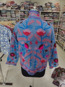 Women's Blue Knitted Mandarin Collar Jacket With Hand Embroidery Floral Pattern Full Sleeve Autumn Wear <b>gift</b> for her - Product Image 6