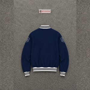 CLASSIC NAVY LETTERMAN VARSITY <b>JACKET</b> FOR <b>MEN</b> With <b>White</b> Geometric Stripes On Sleeves Preppy Style Regular Fit Turn-down Collar - Product Image 6