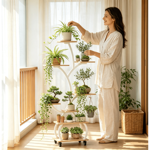 Espositore per Piante a 8 Livelli a Forma di Albero con Luce di Crescita a Spettro Completo, Struttura in Metallo Bianco, Ruote Bloccabili, Ripiano in Legno - Product Image 3