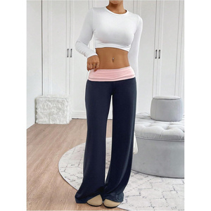 Pantalon large taille haute pour femme, coupe ample, longueur intégrale, couleur unie, en maille, décontracté, respirant, mélange coton et élasthanne - Product Image 4