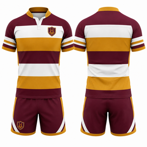 Ensemble de maillot de rugby pour homme MEGAMAPLE, rayé marron, blanc et or, manches courtes, polyester respirant, coupe classique, adulte, toutes saisons - Product Image 1
