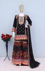 Ensemble Kurti Sharara en Soie Chinon le Plus Vendu avec Broderie et Impression Numérique pour Femme – Tenue Traditionnelle et de Soirée - Product Image 2