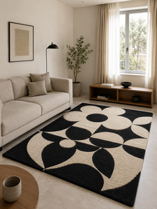 Tapis en laine tufté à la main pour salon, motif rétro marguerite géométrique noir crème, style scandinave années 70, design personnalisé - Product Image 1