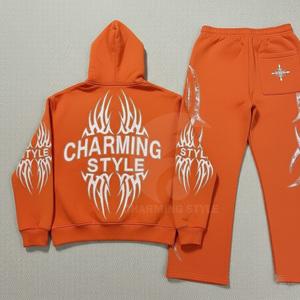 French Terry Zipper Hoodie and <b>Sweatpants</b> <b>Set</b> 100%cotton flare track suits custom puff printing acid wash track suits - Product Image 6