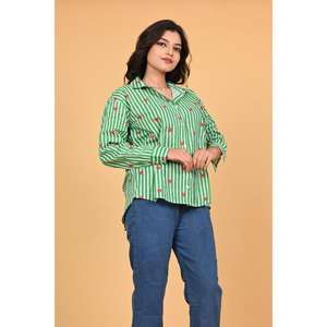 Camisa de algodón con estampado de corazones a rayas para mujer, blusa informal de manga larga con botones, Top de moda estilo San Valentín - Product Image 1