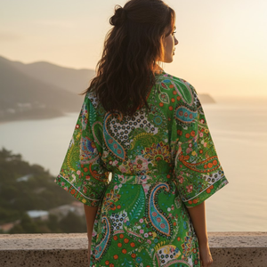 Kimono Boho de Algodón con Estampado Floral Verde |   Bata de dormir de manga larga con cuello en V para mujer |   Bata de Alta Calidad Hecha a Mano con Estampado Exclusivo - Product Image 3
