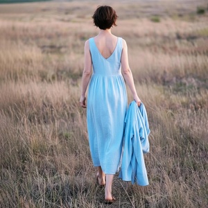 Handmade Bow Minimal <b>Vintage</b> A-Line 100% Cotton Breathable High Waist Midi Summer Dress Casual Daily Vacation Pockets Plus Size - Product Image 2