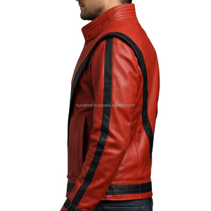 Red Thriller <b>Leather</b> <b>Jacket</b> | Iconic Black V-Stripe Pop Icon Biker Coat High-Volume Pop Icon Outerwear - Product Image 5