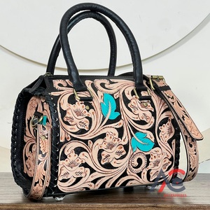 2026 Top Selling Customised Hand Tooled <b>Medium</b> Leather Speedy Bag Western Floral Leaf Carved Shoulder Crossbody Travel <b>Handbags</b> - Product Image 1