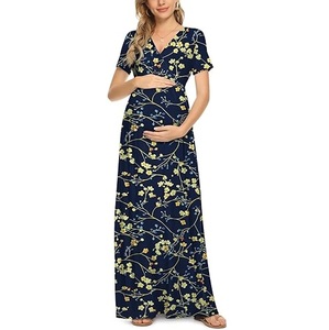 Nuevo Diseño Elegante Vestido de Maternidad de Gasa con Sublimación, Manga Acampanada, Cuello en V, Largo hasta la Rodilla, Estampado Natural, Vestido de Lactancia - Product Image 1