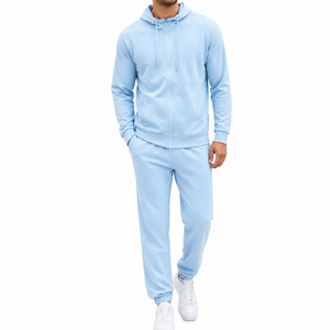 Men's Light Blue Hooded Tracksuit Full Zip Sweatshirt and Pants <b>Set</b> Casual Solid Color 100% Cotton Breathable Spring Wear - Product Image 2