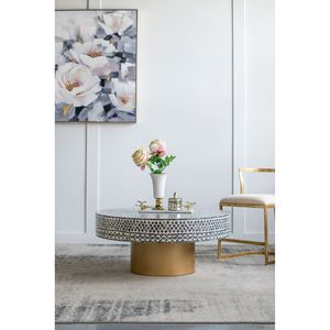 Tavolino da Caffè 35x35x16 in Materiale Capiz Grigio Nero Avorio con Base a Piedistallo Dorato - Product Image 2