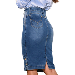 Straight Knee Length Stretch Denim Jean Skirt for Women Plus Size Side Button Details - Product Image 3