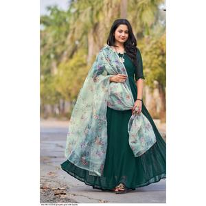 VESTIDO DE FIESTA GEORGETTE VESTIDO LISO CON IMPRESIÓN DIGITAL TRABAJO DUPATTA VERDE - Product Image 1