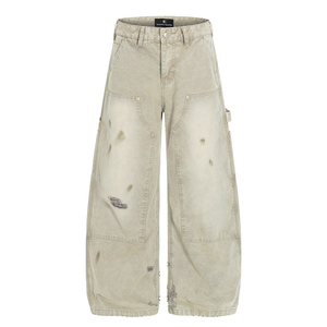 Pantalon de bûcheron délavé style américain unisexe, coupe ample, coupe droite, décontracté, coupe incurvée, en jean - Product Image 4