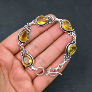Citrine Quartz Oval Cut <b>Gemstone</b> Rhodium Plated Claw Setting Christian Wedding Gift <b>Bracelet</b> for Women - Product Image 1