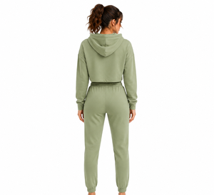 Ensemble sweat à capuche 2 pièces vert olive pour femme, manches longues, coupe ample, décontracté, en polaire unie polyester/coton, anti-rétrécissement, toutes saisons - Product Image 3