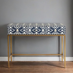 Bone Inlay <b>Console</b> <b>Table</b> With Geometric Pattern <b>Gold</b> Metal Frame Rectangular Entryway Decorative Furniture Indoor Use - Product Image 4