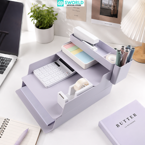 SWORLD Office Organizer 3 Layer Multifunctional Desk <b>Storage</b> <b>Box</b> OEM Plastic Minimalist Design Pastel Color PP Factory - Product Image 6